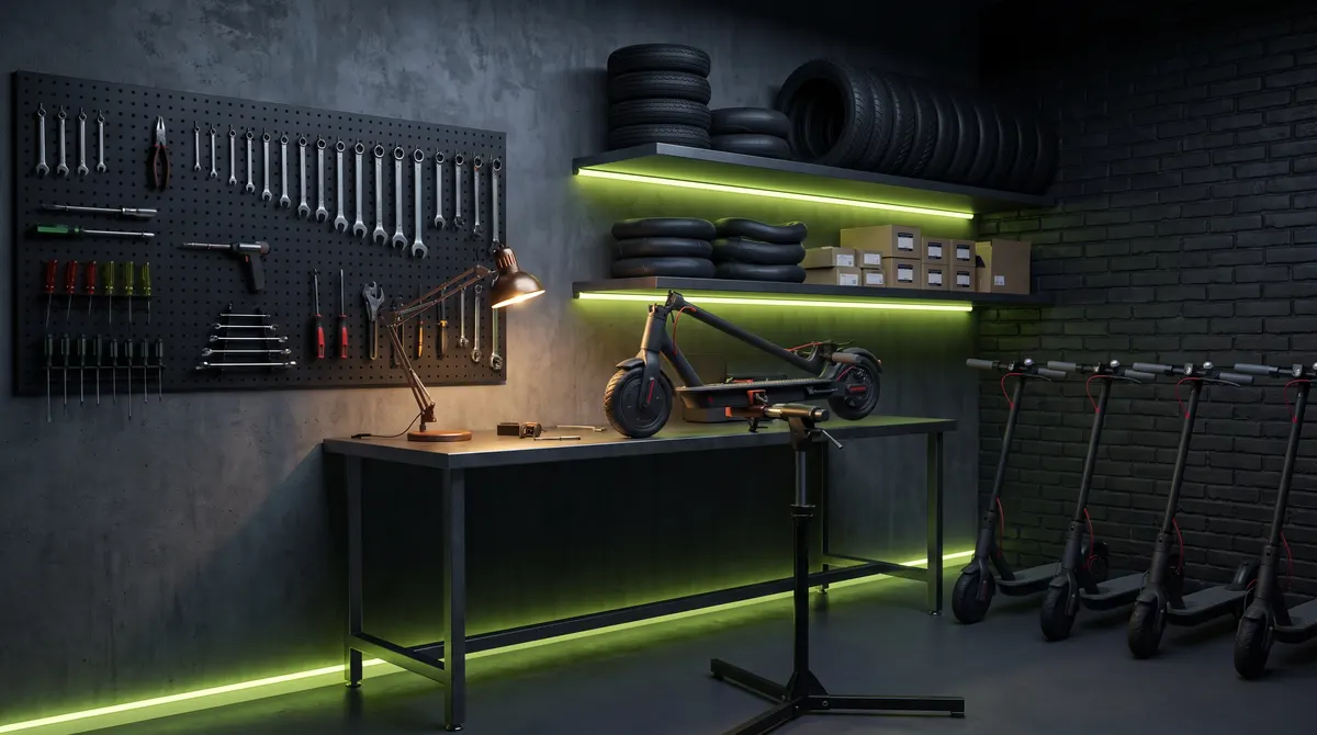 L’atelier TROTTA avec établi, outils et pneus
