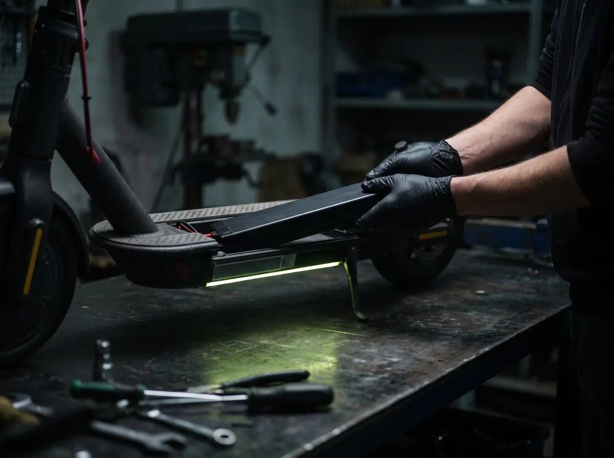 Batterie retirée du plateau d’une trottinette